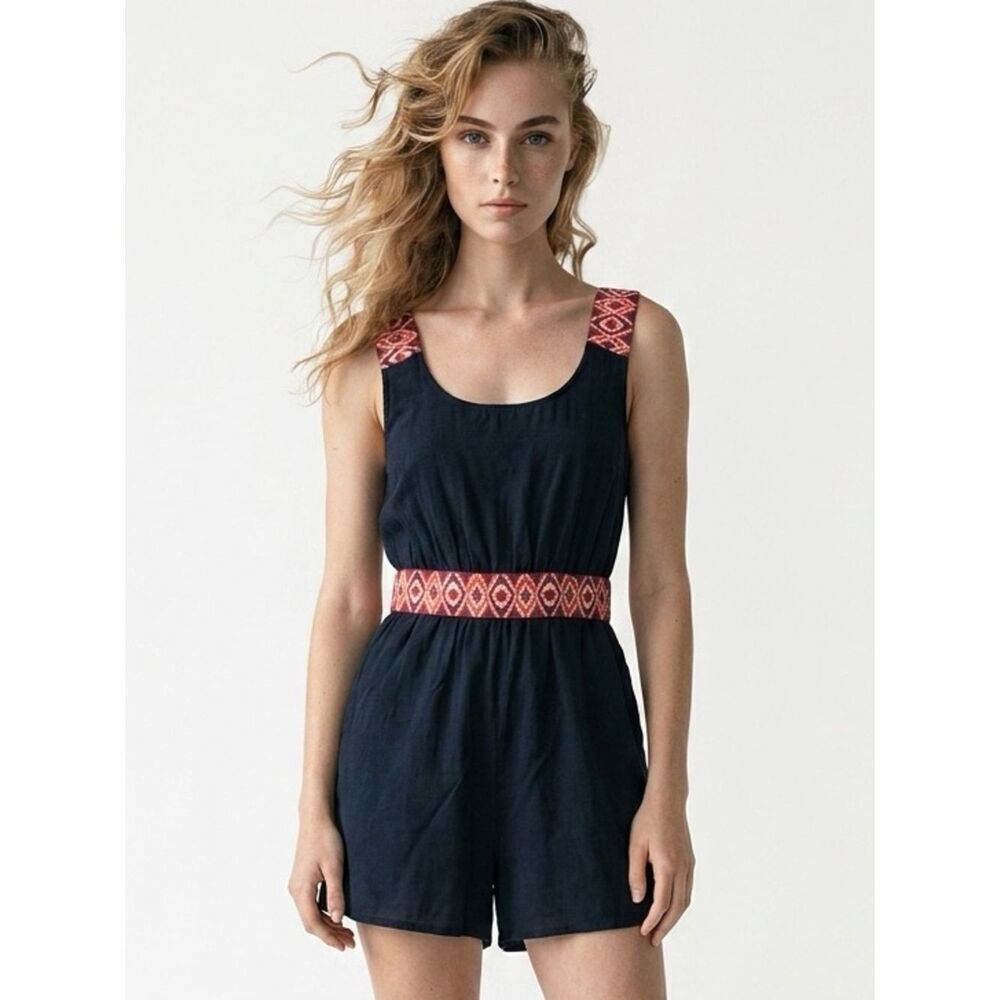 ONE TEASPOON | Aztec Elastic Cross Strap Navy Blue Romper Women’s Size Small